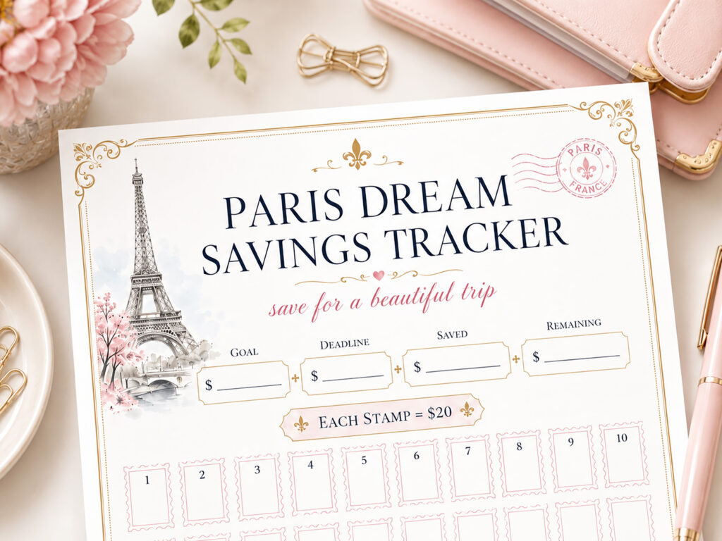 Paris Dream Savings Tracker Printable, 1,000 dollars Travel Savings Challenge, Trip Fund, Vacation Budget Planner
