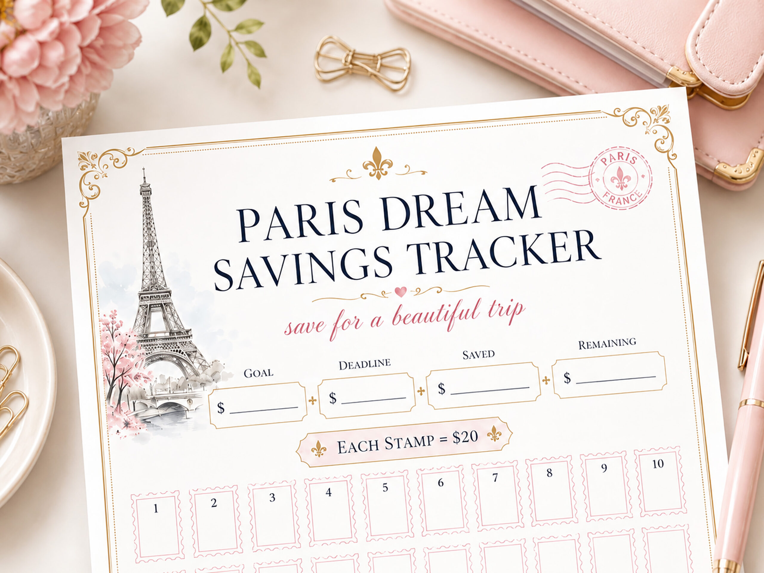 Paris Dream Savings Tracker Printable, 1,000 dollars Travel Savings Challenge, Trip Fund, Vacation Budget Planner - Image 2