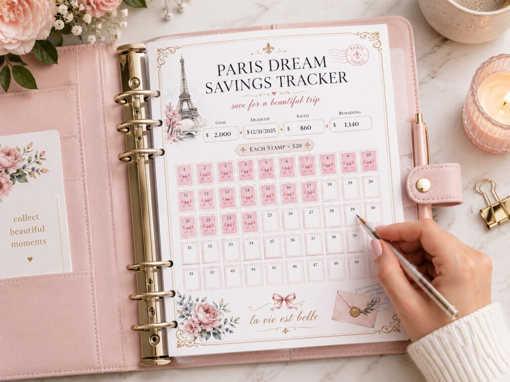 Paris Dream Savings Tracker Printable, 1,000 dollars Travel Savings Challenge, Trip Fund, Vacation Budget Planner