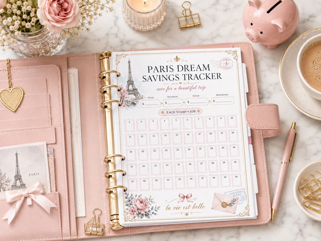 Paris Dream Savings Tracker Printable, 1,000 dollars Travel Savings Challenge, Trip Fund, Vacation Budget Planner