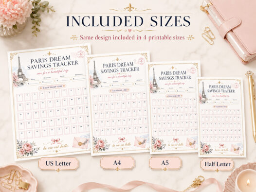 Paris Dream Savings Tracker Printable, 1,000 dollars Travel Savings Challenge, Trip Fund, Vacation Budget Planner - Image 6
