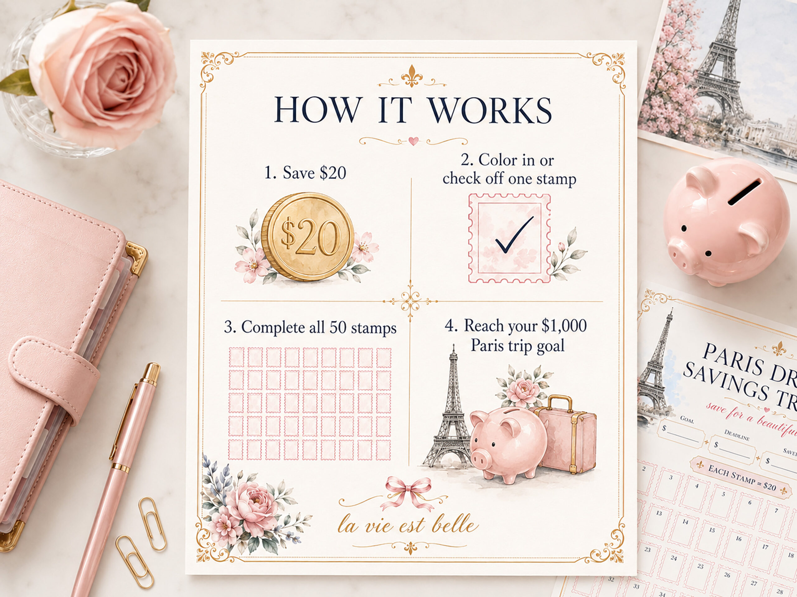 Paris Dream Savings Tracker Printable, 1,000 dollars Travel Savings Challenge, Trip Fund, Vacation Budget Planner - Image 7