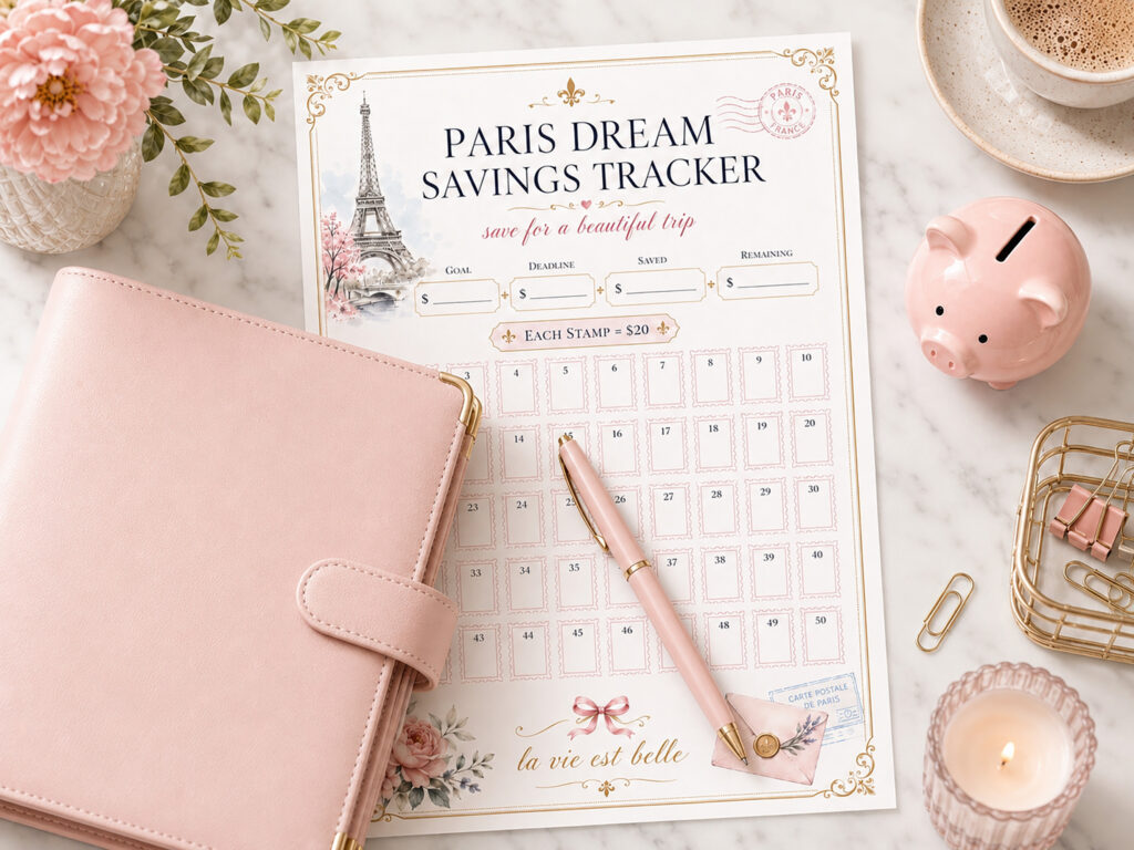 Paris Dream Savings Tracker Printable, 1,000 dollars Travel Savings Challenge, Trip Fund, Vacation Budget Planner