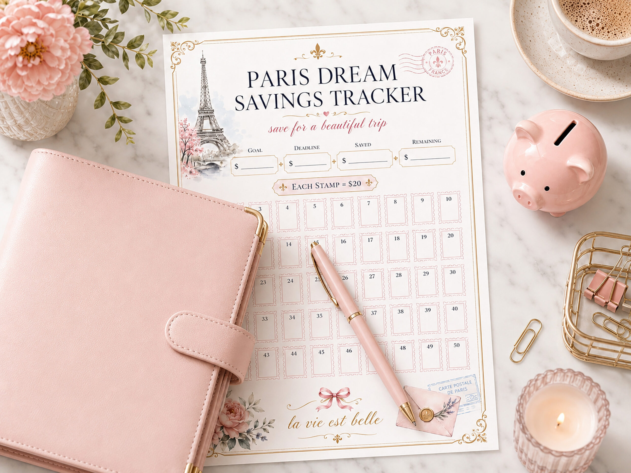 Paris Dream Savings Tracker Printable, 1,000 dollars Travel Savings Challenge, Trip Fund, Vacation Budget Planner - Image 4