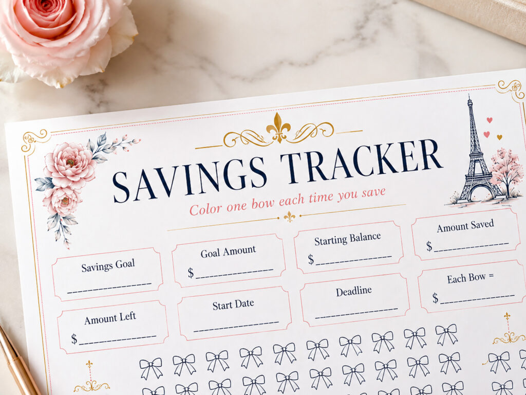 Paris Savings Tracker Printable, Bow Savings Challenge, Budget Planner Insert
