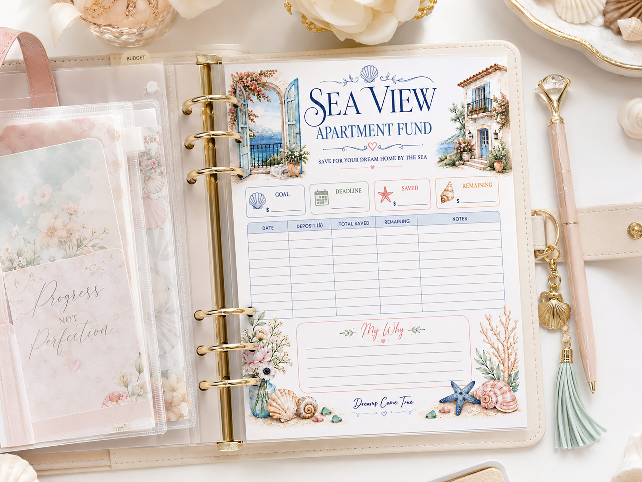 Sea View Apartment Fund Savings Tracker Printable, Dream Home by the Sea, Budget Planner - Image 1