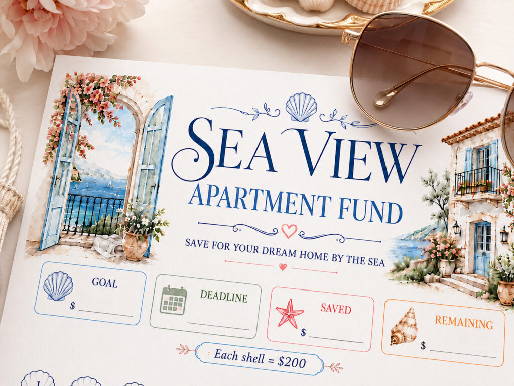 Sea View Apartment Fund Savings Tracker Printable, 10000 Savings Challenge, Dream Home Fund, Budget Binder