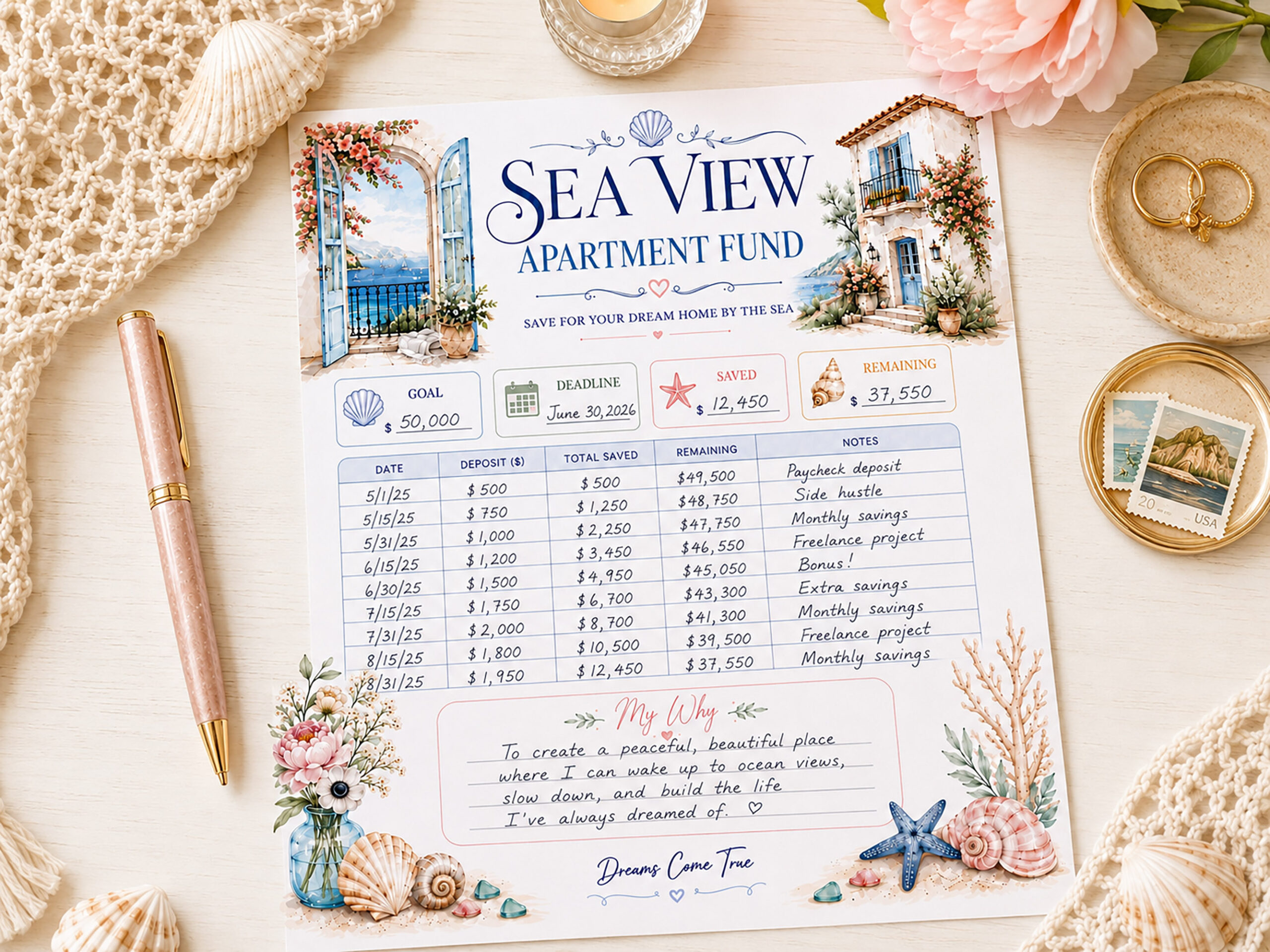 Sea View Apartment Fund Savings Tracker Printable, Dream Home by the Sea, Budget Planner - Image 4