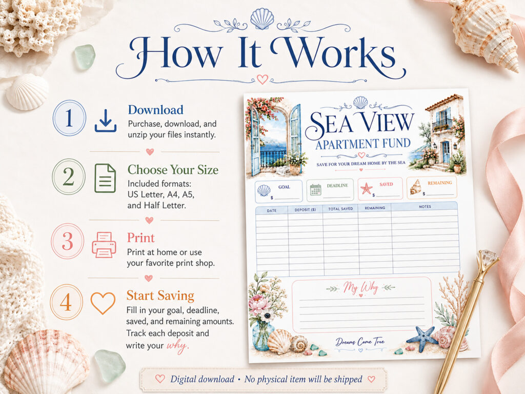 Sea View Apartment Fund Savings Tracker Printable, Dream Home by the Sea, Budget Planner