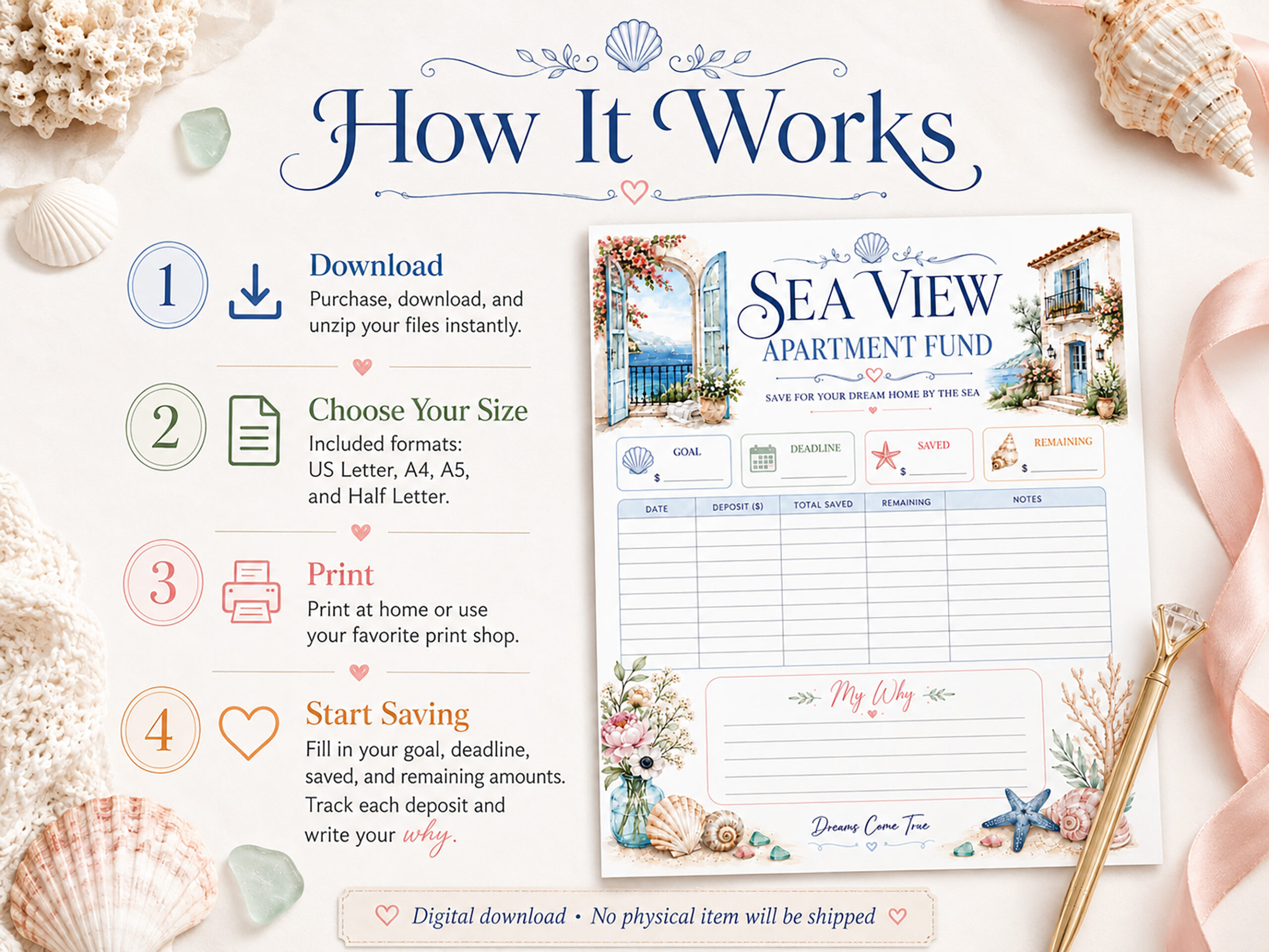 Sea View Apartment Fund Savings Tracker Printable, Dream Home by the Sea, Budget Planner - Image 6