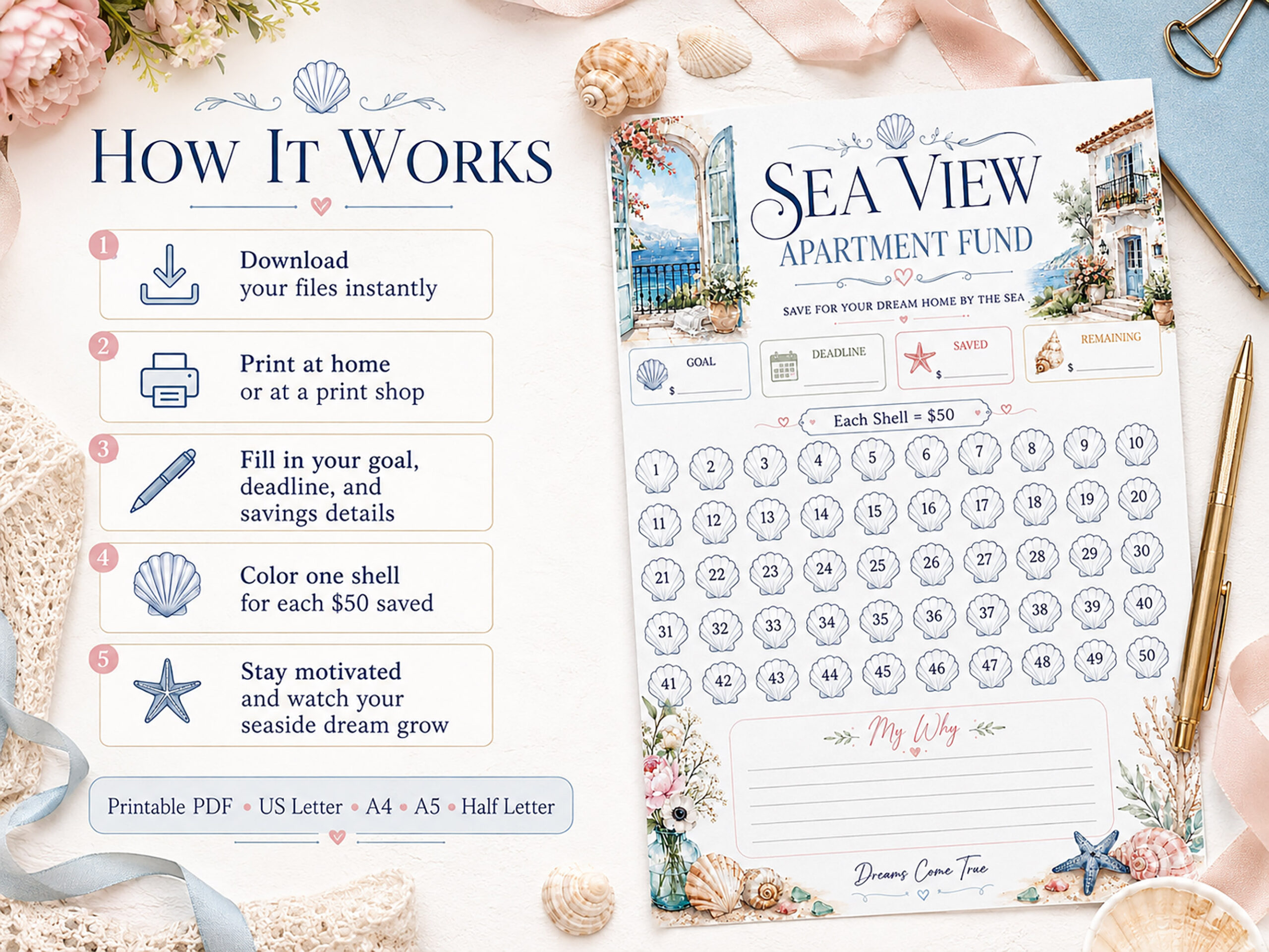 Sea View Apartment Fund Savings Tracker Printable, 2500 Savings Challenge, Dream Home Fund, Budget Binder - Image 7