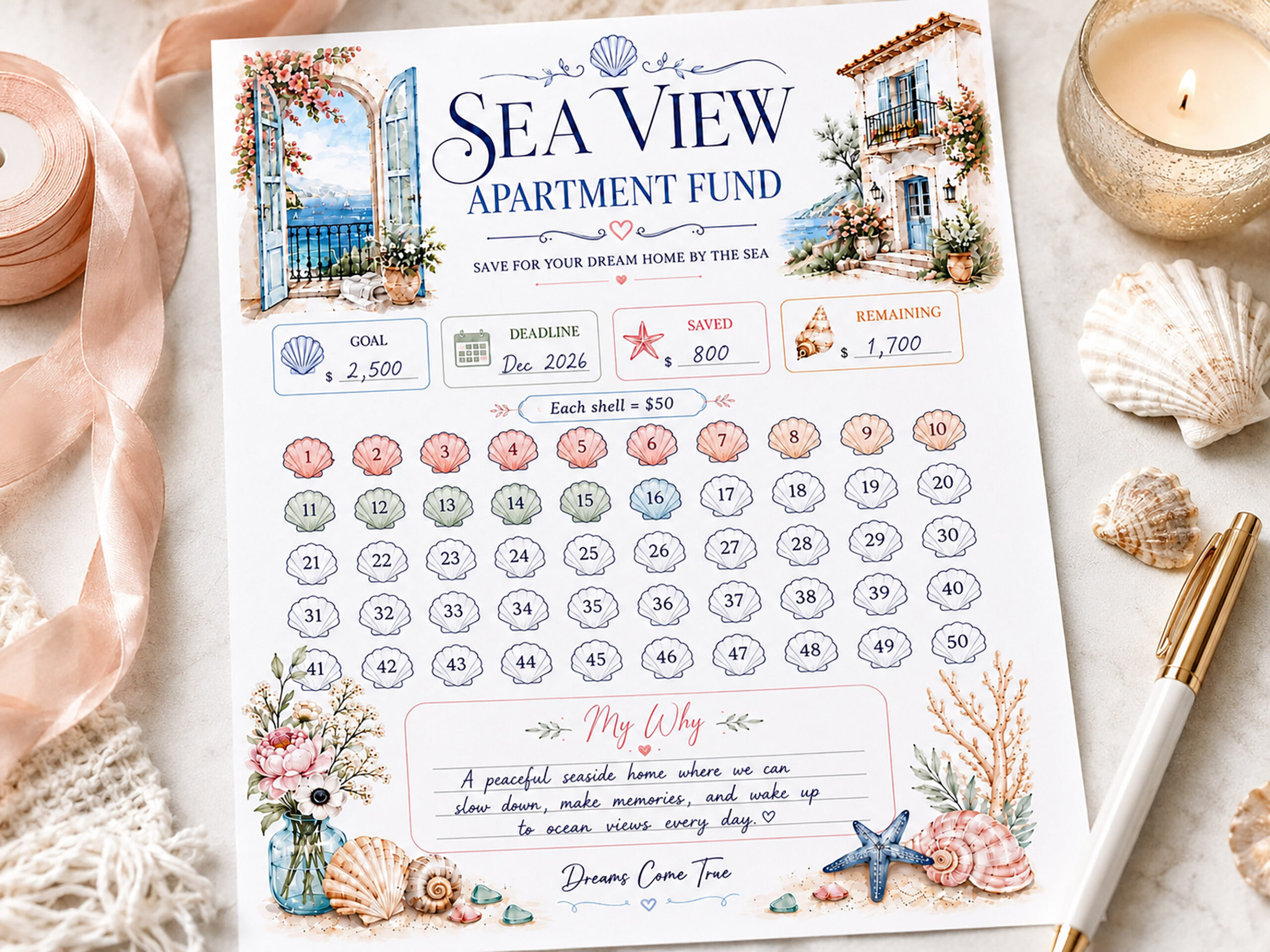 Sea View Apartment Fund Savings Tracker Printable, 2500 Savings Challenge, Dream Home Fund, Budget Binder - Image 5
