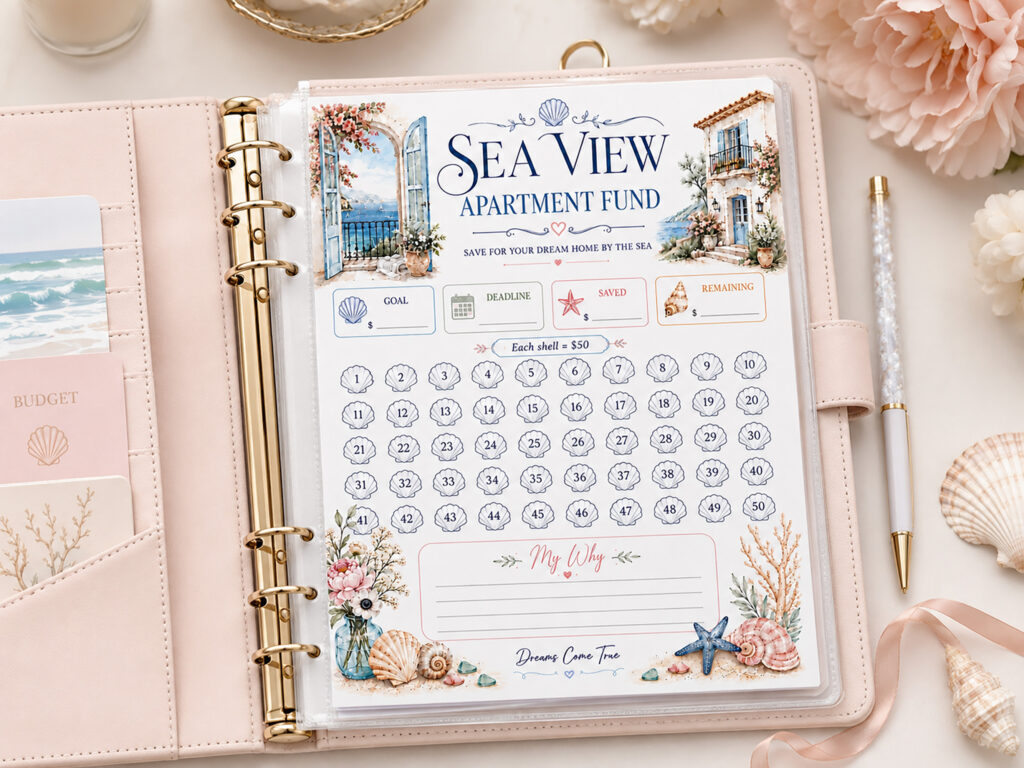 Sea View Apartment Fund Savings Tracker Printable, 2500 Savings Challenge, Dream Home Fund, Budget Binder