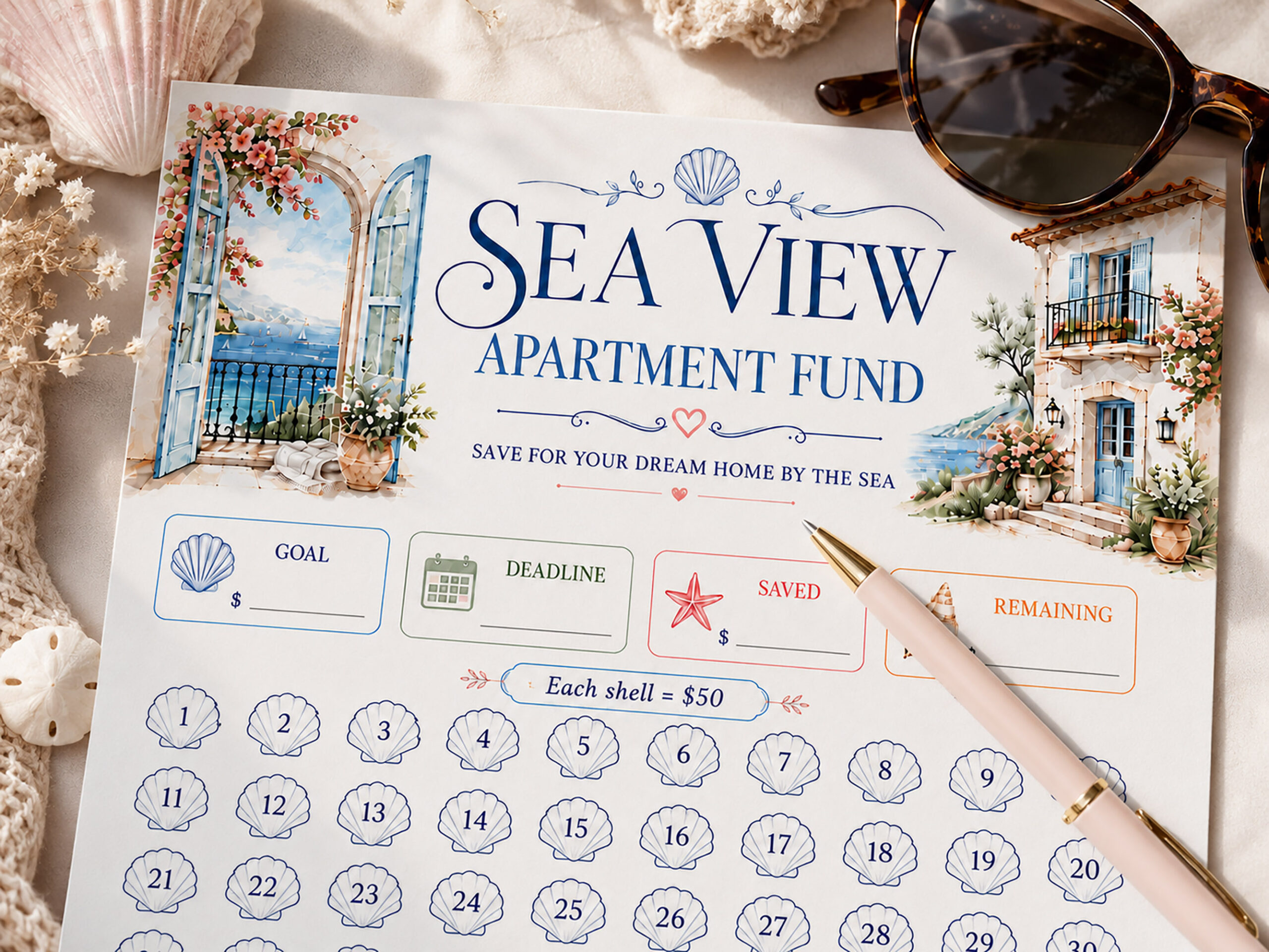 Sea View Apartment Fund Savings Tracker Printable, 2500 Savings Challenge, Dream Home Fund, Budget Binder - Image 3