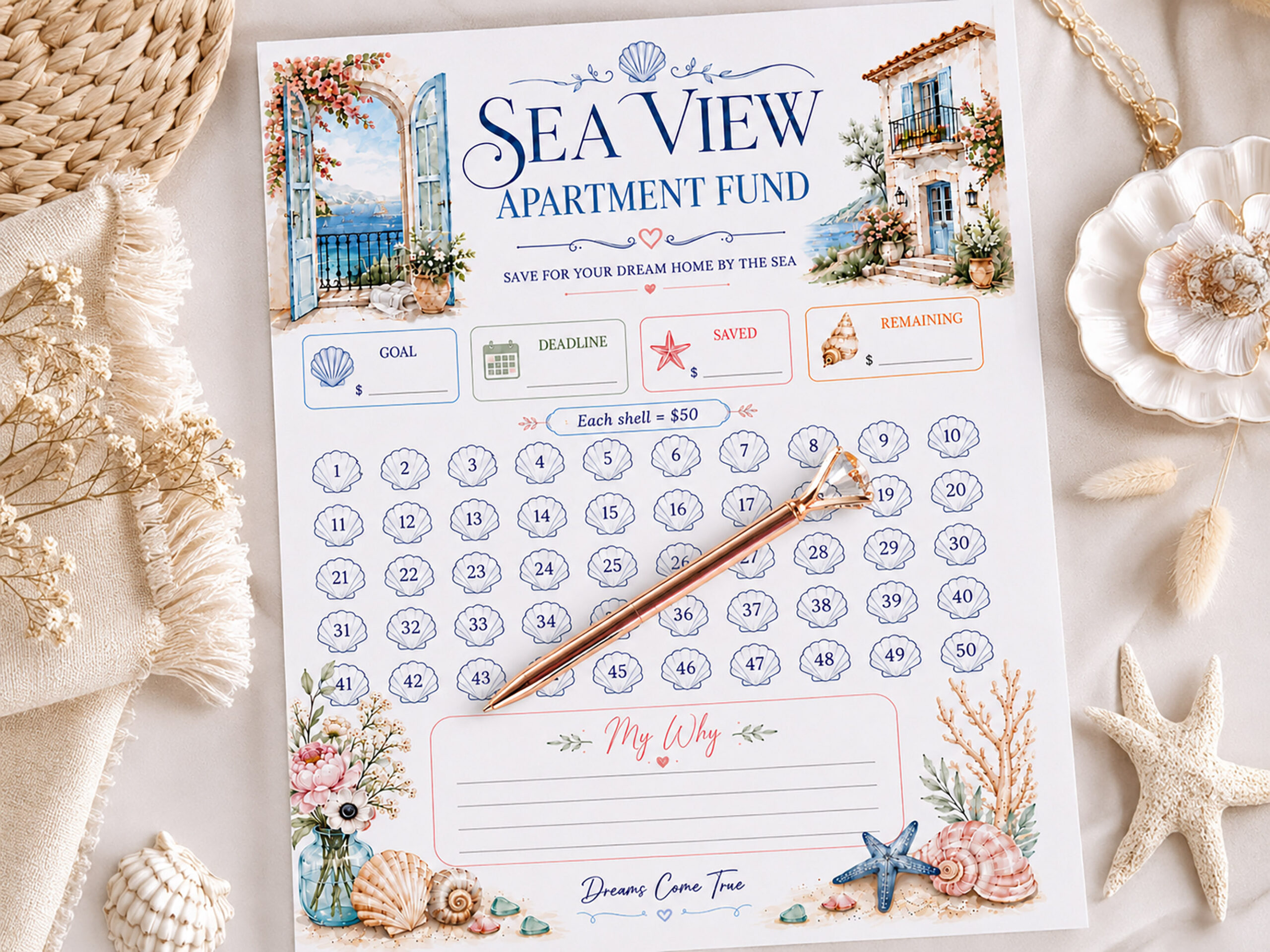 Sea View Apartment Fund Savings Tracker Printable, 2500 Savings Challenge, Dream Home Fund, Budget Binder - Image 2